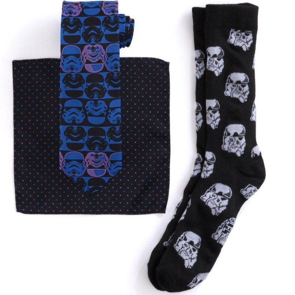 New! Star Wars Stormtrooper Socks Necktie Pocket Square 4-Piece Set